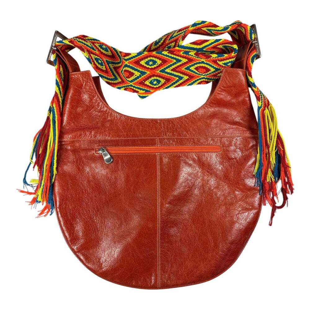 Handmade Artisan Mola and Brown Leather Crescent Shoulder Bag Multicolor Strap - Picture 4 of 7